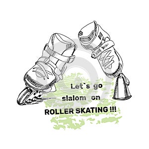 Set for Roller Skates with text. logo hand drawn eleme