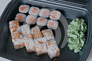 Set of rolls in plastic packaging on the kitchen table.