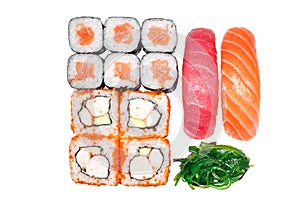 Set of rolls, roll California, roll salmon, sushi salmon, sushi tuna