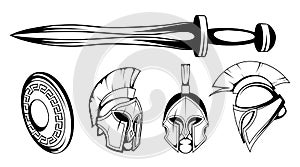 Set of roman or spartan warrior head, spartan helmet for head with roman armor and sword, spartan warrior in black and white