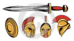 Set of roman or spartan warrior head, spartan helmet for head with roman armor and sword, spartan warrior colored drawing