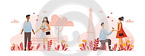 A set of romantic characters in different poses. Couples in love. Vector illustration.