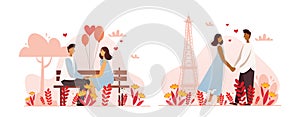 A set of romantic characters in different poses. Couples in love. Vector illustration.