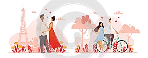 A set of romantic characters in different poses. Couples in love. Vector illustration.