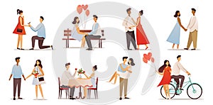 A set of romantic characters in different poses. Couples in love. Vector illustration.