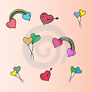 Set of romantic clipart. colorful hearts on pink background. hand drawn vector. abstract fun clipart. symbol for couple. doodle ar