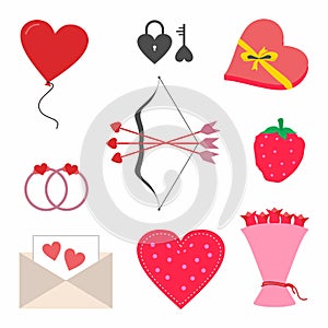 Set of romantic day symbol. Valentine`s day with cupid bow and arrow, ring, rose flower, love letter, and red heart balloon. Flat