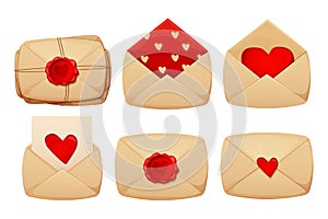 Set romantic envelope, love letter with wax seal heart shape rope Valentines day holiday in cartoon style isolated on