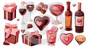 Set of romantic gifts isolated on white background. Illustration of chocolate candy, cocktail glasses, pink boxes with