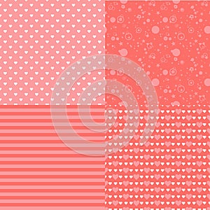 Set of romantic seamless patterns with hearts (tiling). Pink color. Vector illustration. Background. Heart shape.