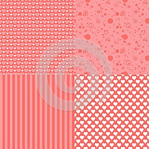 Set of romantic seamless patterns with hearts (tiling). Pink color. Vector illustration. Background. Heart shape.