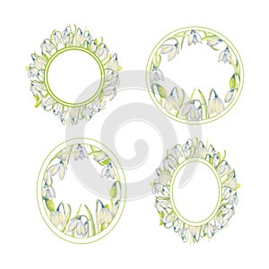 A set of romantic spring frames with snowdrops on the outer and inner edges on a white isolated background. Round and ovale frames