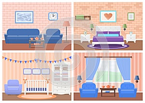 Set of rooms interiors in flat design. Vector illustration.