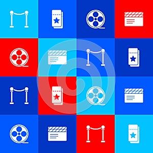 Set Rope barrier, Cinema ticket, Film reel and Movie clapper icon. Vector