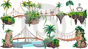 Set of rope bridges isolated on white background. Modern cartoon illustration of wooden suspension footbridges with