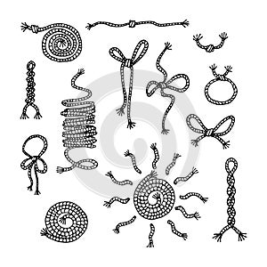 set of rope decorative elements  knot  bows  bundle  plait  loop  black ink lines