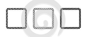 Set of rope frames. Squared cord border collection. Rectangular rope loop pack. Chain, braid or plait border bundle