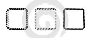 Set of rope frames. Squared cord border collection. Rectangular rope loop pack. Chain, braid or plait border bundle