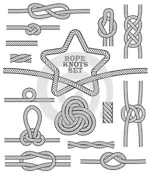 Set of rope knots and rug. Seamless decorative elements. Vector illustration.