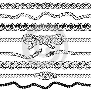 Set of rope seamless borders. Black and white vector illustration