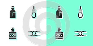 Set Rope tied in a knot, Alcohol drink Rum, and Gallows rope loop hanging icon. Vector