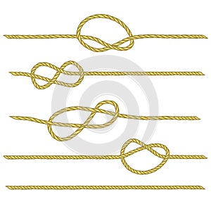 Set of ropes with different nodes. Drawing related to maritime.  Vector brush.