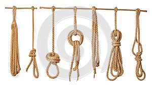 A set of ropes of different thicknesses with different knots