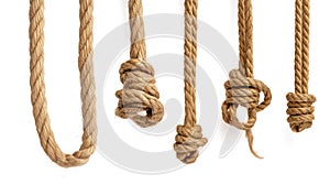 A set of ropes of different thicknesses with different knots