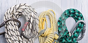 Set of ropes for rock climber, closeup background