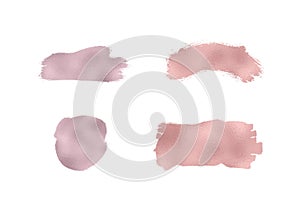 Set Rose gold foil texture brush paint stroke. Smudge glitter pink, sparkle glossy paint on the white background. Vector illustrat