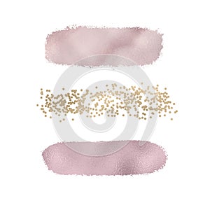 Set rose gold foil textures and gold confetti brush paint stroke. Smudge glitter pink, sparkle glossy paint on the white backgroun