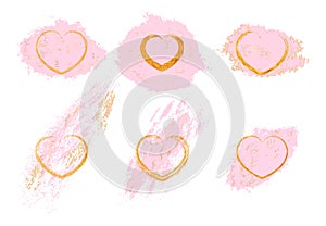 Set of rose gold grunge hearts. Hand drawn hearts frame with pastel pink brush strokes on a white background.