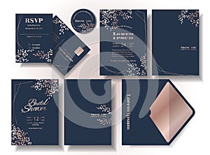 Set of rose gold leaf pattern wedding invitation card Dark blue tone background .rsvp card. Envelope. Suitable for wedding couple.