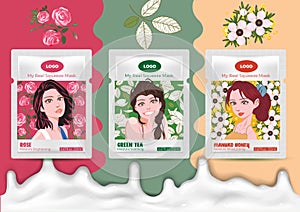 Set rose, green tea and manuka honey cosmetic facial mask individual package mock up with beauty