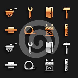 Set Roulette construction, Hammer, Ruler, Road barrier, Bricks, Closed door, Shovel and Wrench spanner icon. Vector