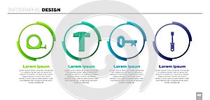 Set Roulette construction, T-square line, Old key and Screwdriver. Business infographic template. Vector photo