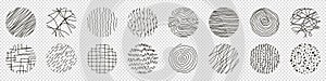 Set of round Abstract Patterns. Hand drawn doodle shapes. Spots, Curves, Lines. Vector illustration. Social media Icons templates