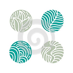 Set of round bio emblem in a circle linear style. Tropical plant green leaf logo. Vector abstract badge for design of