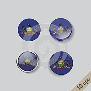 Set of round buttons with the image of Pensilvania state flag on gray background with shadow photo