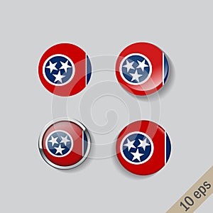 Set of round buttons with the image of Tennesee state flag on gray background with shadow.