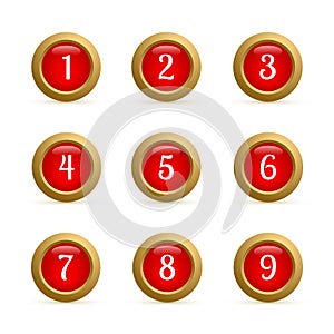 Set of round buttons with numbers from 1 to 9. Glossy red and gold buttons isolated on white. Numbered badges vector icons. 3d