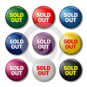 Set of round buttons with words `Sold out`