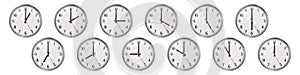 Set of round clocks showing various time. World clock set, time zones. Realistic vector illustration