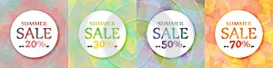 A set of round colorful advertising banners. Discount of 20, 30, 50, 70%. Summer action.