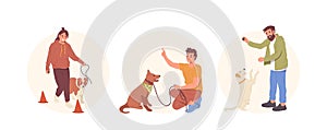 Set of round composition with pet owners and trainers characters working with dog training obedience