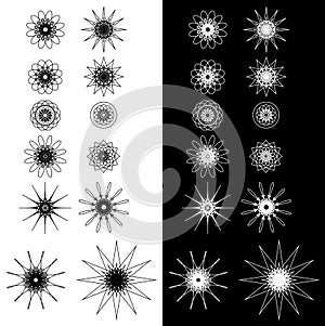 Set of round decorative design elements. Kaleidoscope icons, flowers, stars and snowflakes, black and white versions. Vector photo