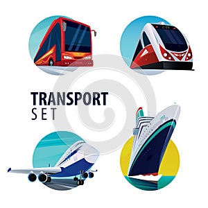 Set of round emblems with bus, train, plane, ship