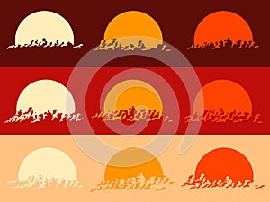 Set of round emblems of silhouettes sun behind clouds.
