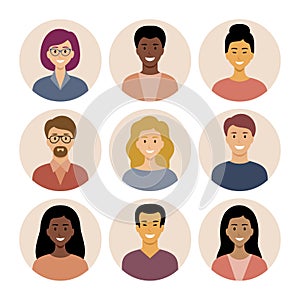 Set of round flat icons with people. Different nationalities