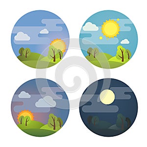 Set of round four times of day icons: morning, day, evening, night. Stock vector illustration.